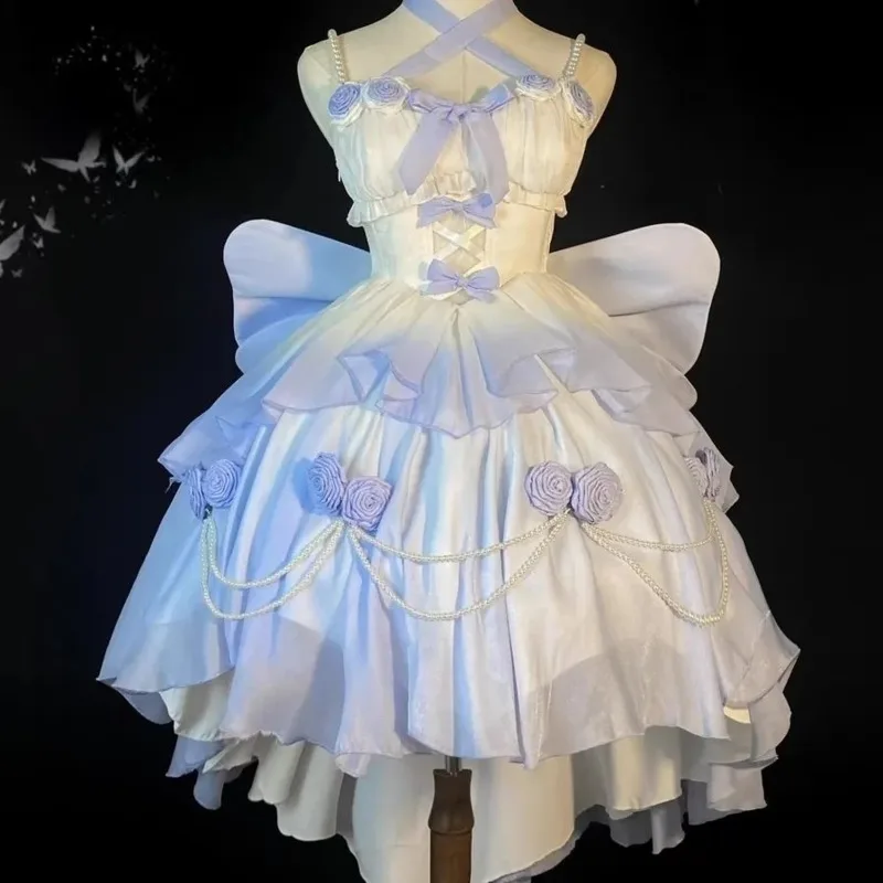 Vestidos de arco bolo vestido gótico japão kawaii y2k lolita azul branco preto renda escavada manga comprida vestido pulôver em camadas novo
