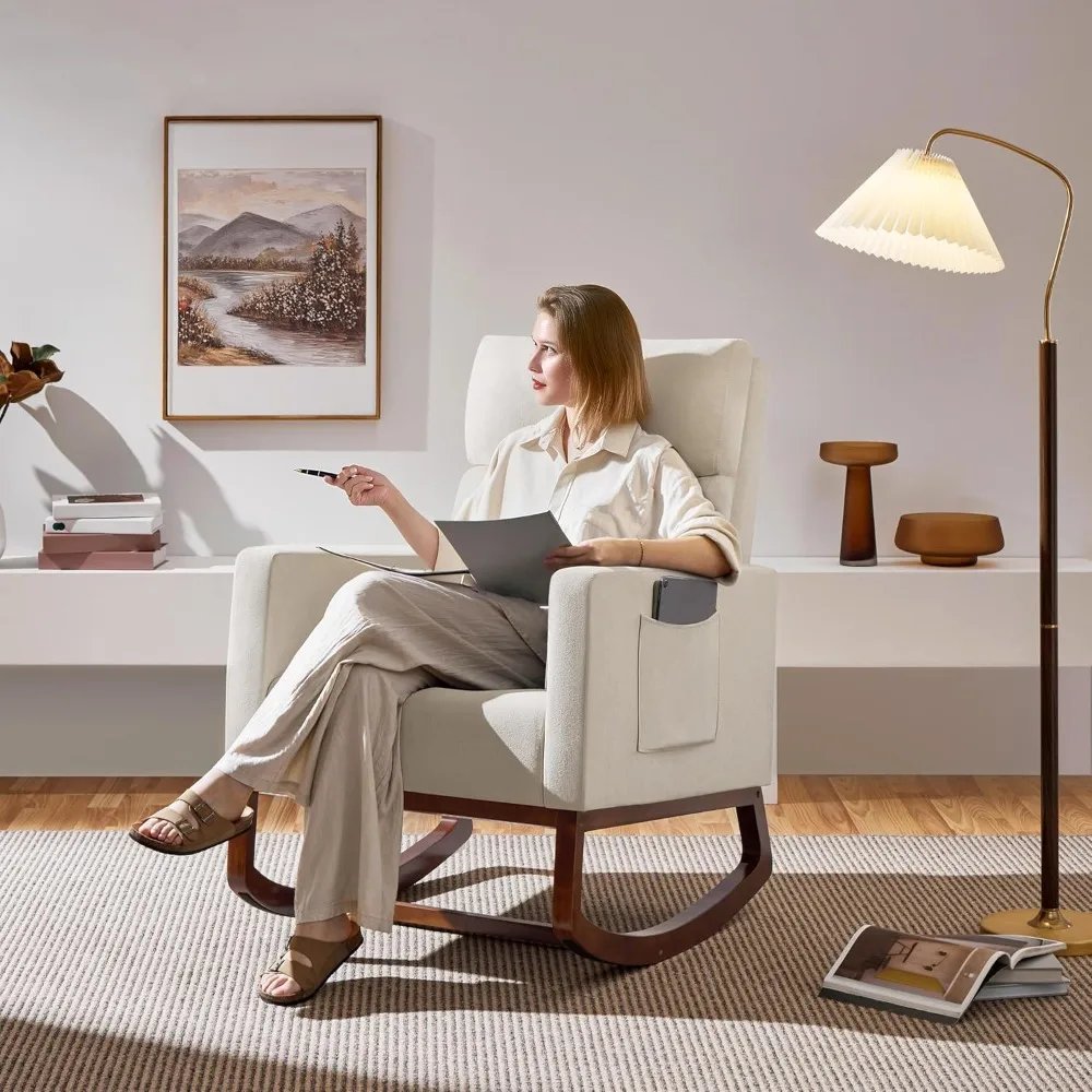 كرسي هزاز Yaheetech، كرسي طائرة شراعية حديث، كرسي بذراعين مع أرجل خشبية وجيب جانبي، كرسي هزاز للحضانة مع #4