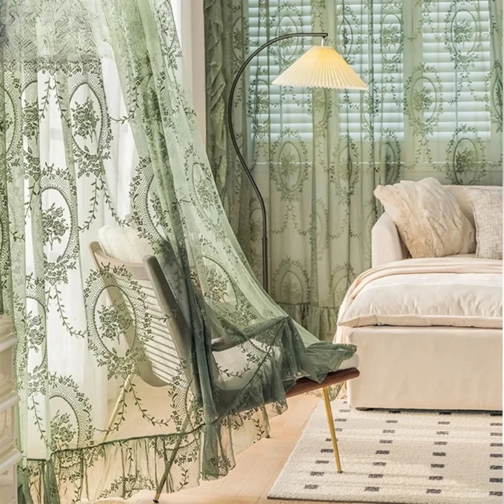 Elegant Green Tulle Curtains for Balcony Dark Vintage Sheer Ruffle Embroidered Flowers Bedroom Light Filtering Ready Made Drapes