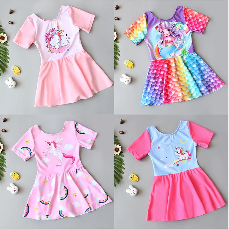 

Girls' One-Piece Swimsuit Skirt Style Boxer Sun Protection Quick-Dry Short Sleeve Cute Girls' Swimwear for Older Children Studen