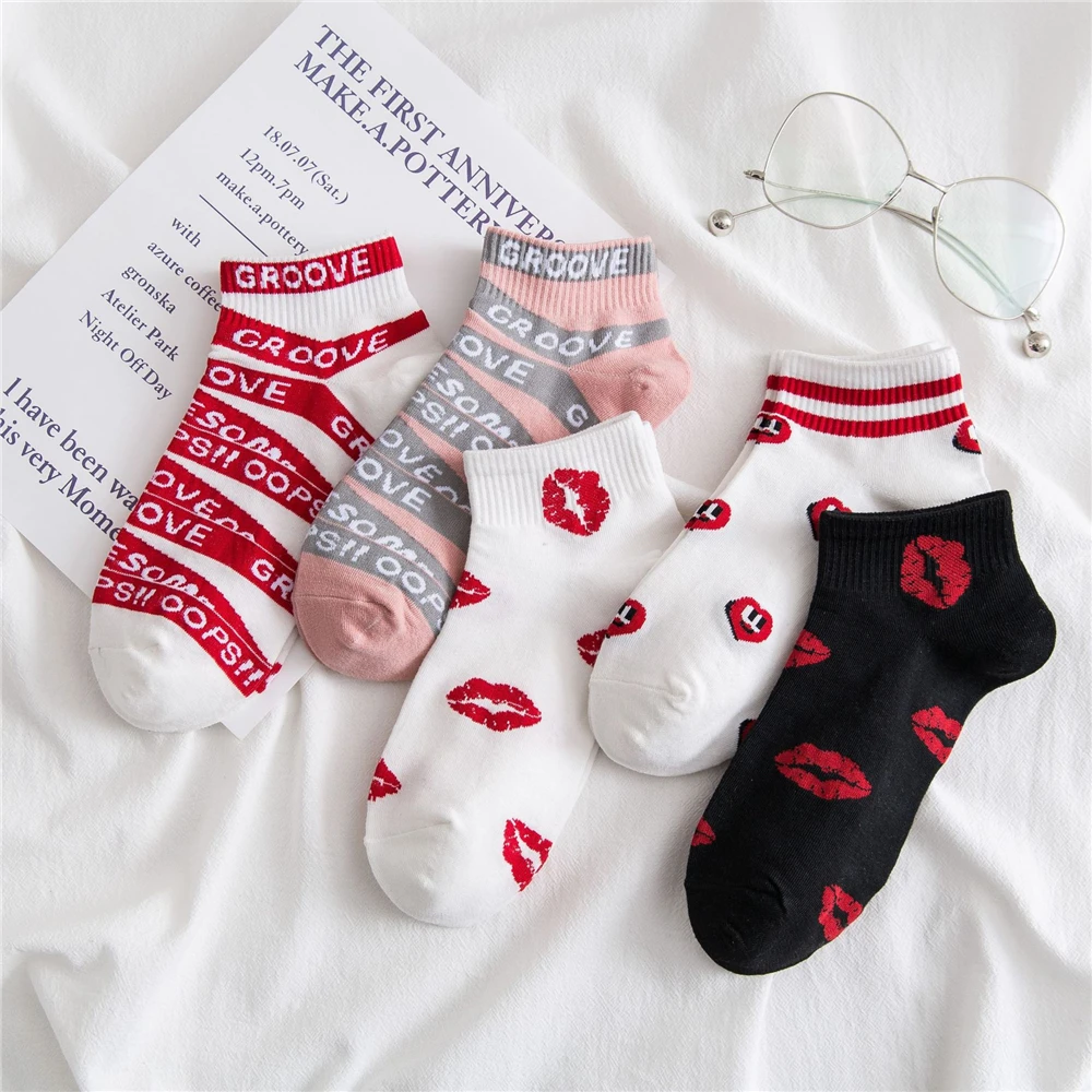 1 Pair Chic Women Summer Red Lips Love Heart Funny Lettered Socks Hipster Sport Short Ankle Sokken Preppy Style College Fashion