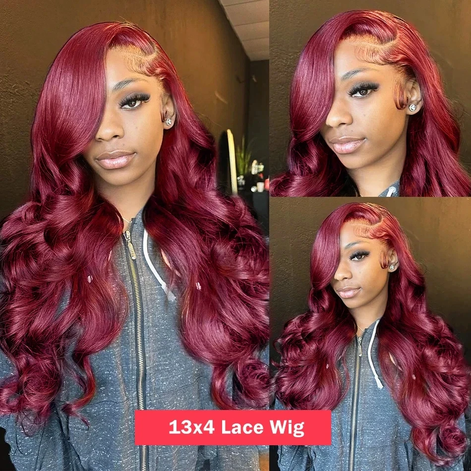 99J-Borgonha Frontal Lace Wig para mulheres, cabelo humano, onda corporal, vermelho, transparente, pré-arrancado, cabelo de bebê, 13x4, 13x6