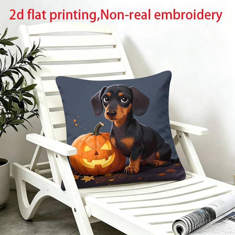 Dachshund Print Zipper Pillow Cover, Double Sided 2D Flat Polyester Cushion Case, Machine Washable for Sofa Bed Christmas New Ye