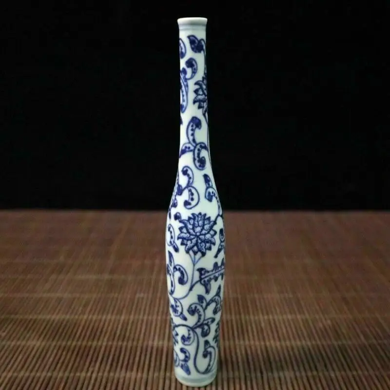 

Chinese Old Blue and White Porcelain Hand Painted Tangled Lotus Long Neck Vase