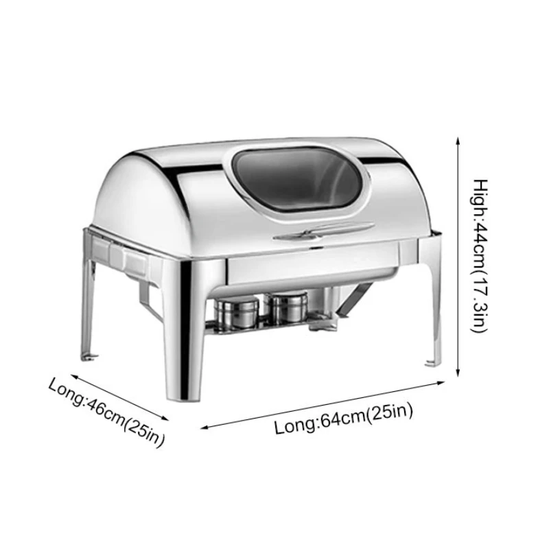 Stainless Steel Glass Lid Chafing Serving Heater Rectangular Roll Top Chafing Dish Buffet Set Set