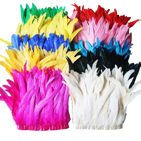 10Meters Colored Rooster Tail Feather Tassel Trim 25-30cm Dyed Cock Plumes Ribbon for Wedding Party Dress Skirt Craft Accessory