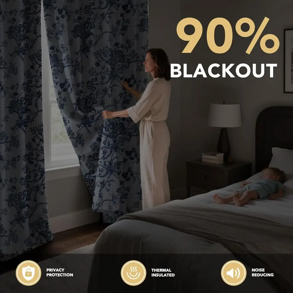 Ensemble de 96 rideaux à œillets floraux, style ferme, style Boho vintage marine, assombrissement de la pièce pour le salon (2 panneaux)