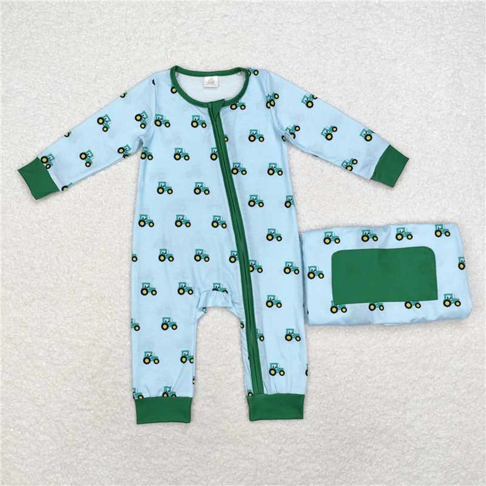 

Baby Boys Green Tractors Bamboo Zip Romper Long Sleeve Infant Farm Animal Outfit Baby Boy Zipper Suit Green Tractor Design