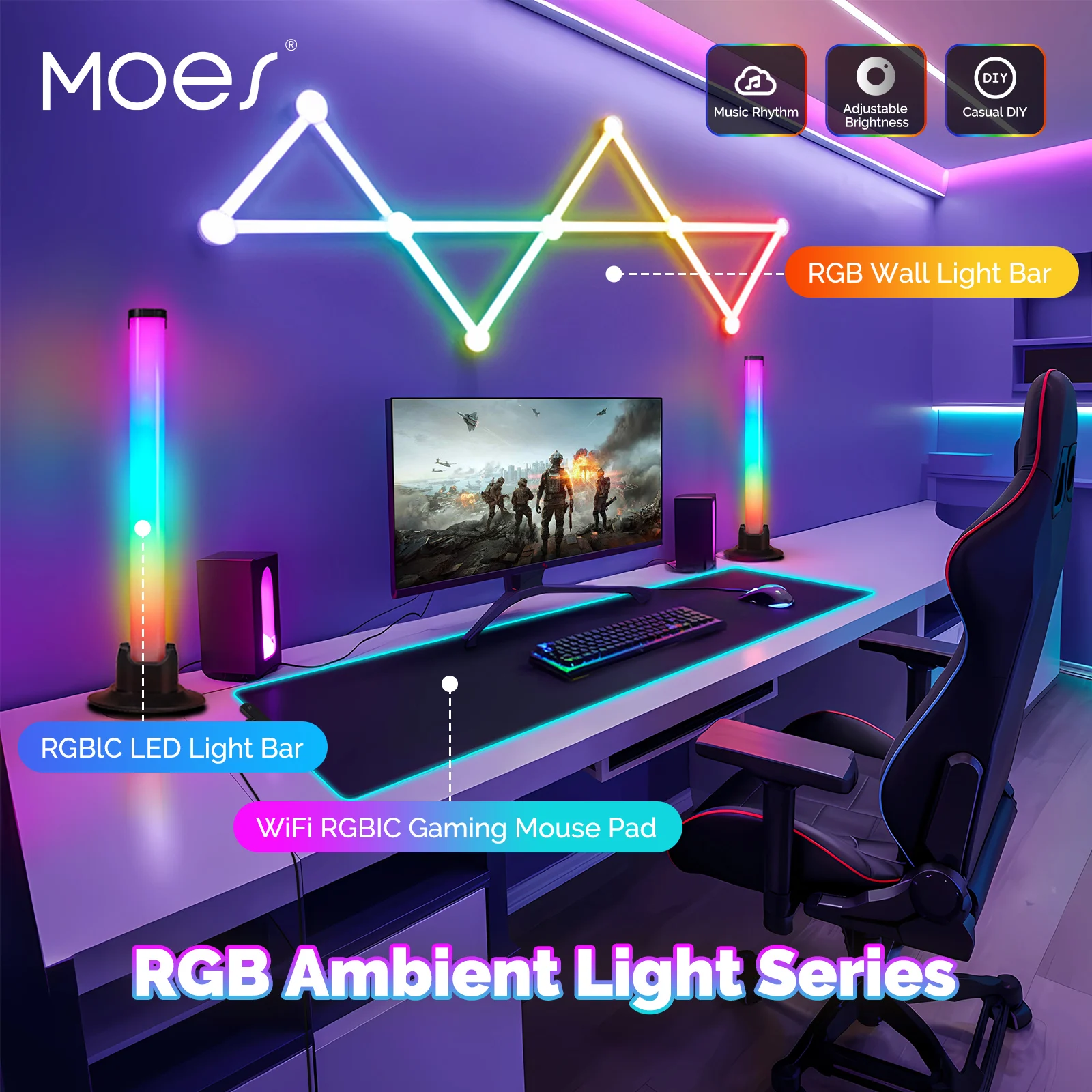 

MOES RGB Ambient Light DIY Series Include RGB Light Bar,Splicing LED Lamp,LED Mouse Pad E-sports Room Boost Gaming Atmosphere