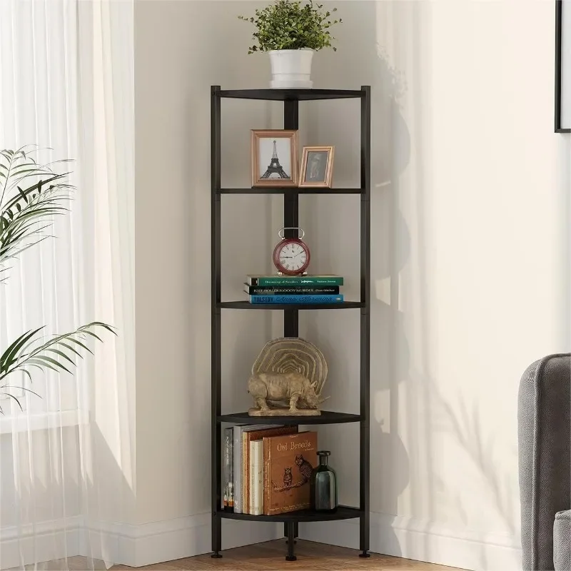 

5 Tier Corner Shelf, Industrial Tall Standing Corner Bookshelf, Metal Frame Plant Display Stand Organizer for Wall Corner