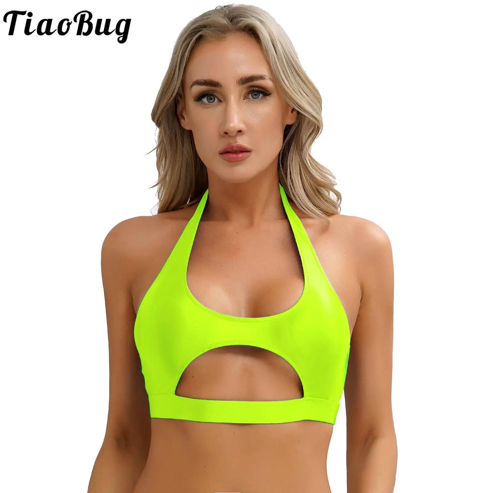 

Women Sexy Sports Bra Glossy Solid Color Halter Vest Camisole Backless Cutout Crop Top Fitness Yoga Gym Workout Party Club Wear