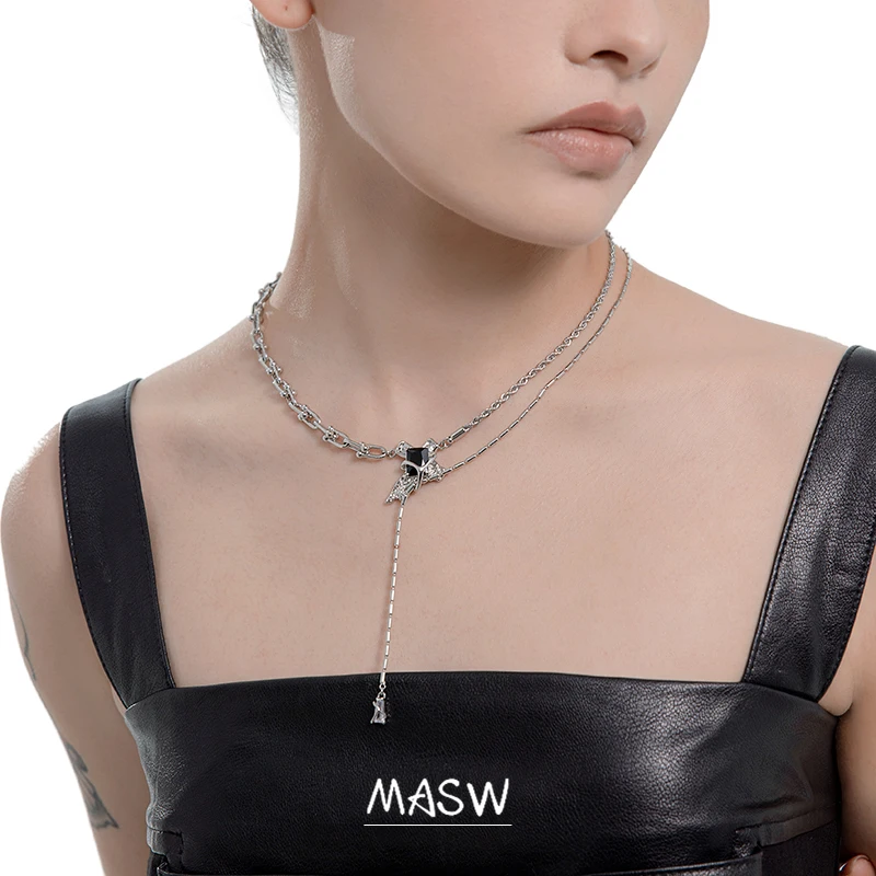 MASW Original Design Chain Necklace For Women Cool High Quality Brass Silver Plated Black Pendant Necklace Jewelry For Women