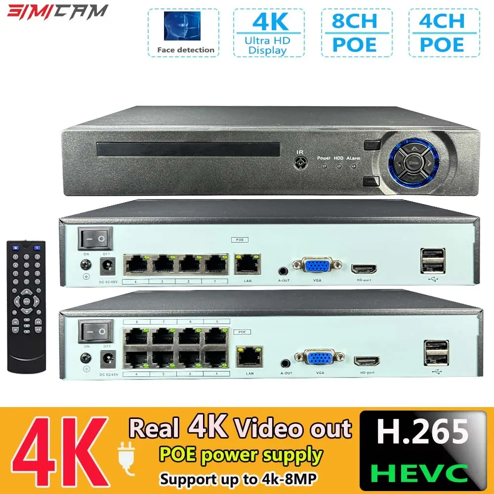 4K 4CH 8CH POE NVR For 8MP 5MP 4MP IP Security Camera CCTV System Audio 4K Input Output Surveillance Video Recorder Face Dete