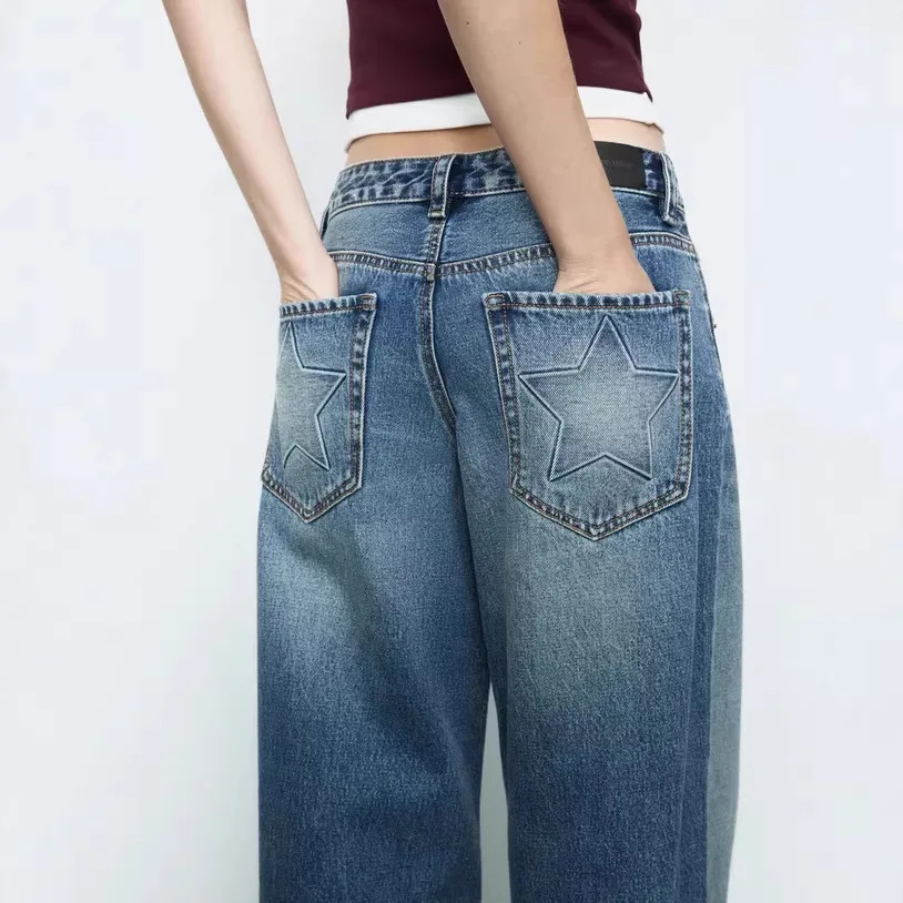 Star Patch Embroidery Amazon  Cross-Border European And American Trade Women's Low Waist Wide Leg Straight Jeans