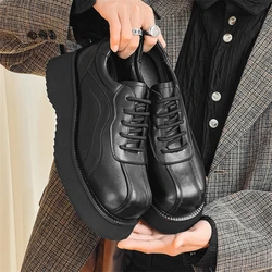 Hight Quality 2024 Spring New Leather Shoes For Men's Solid Black Teenagers Daily Casual Dress Height Increasing Shoes #38-44