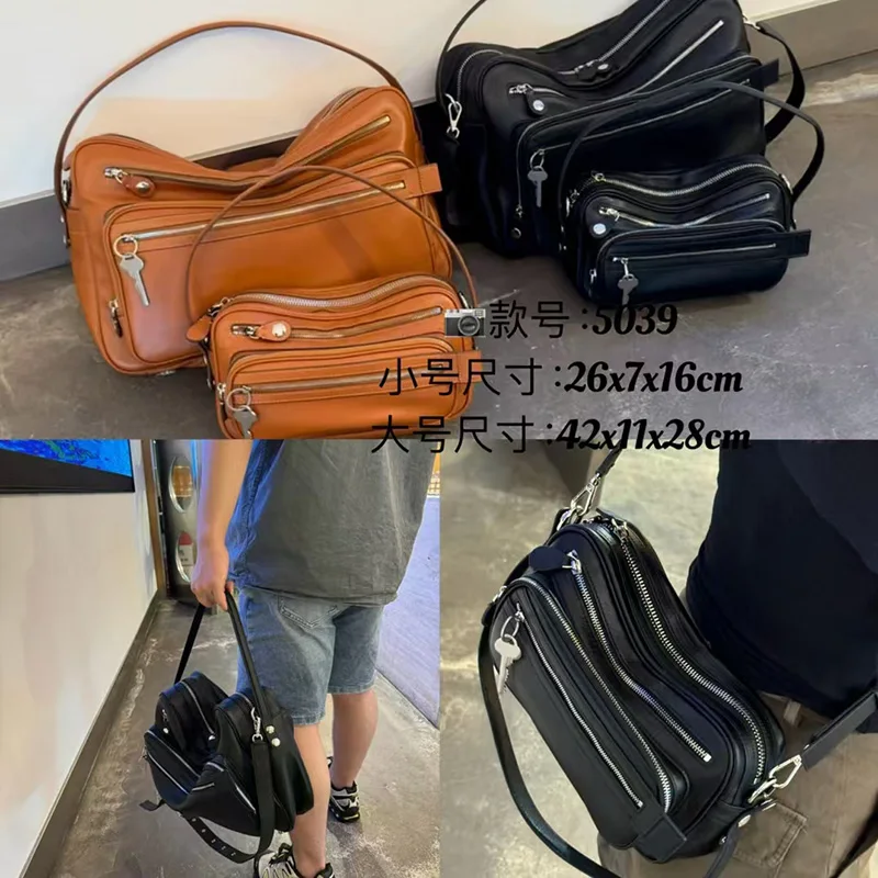 

Key Bag Unisex Real Leather One shoulder or Crossbody with Two Holes Rivets Straps Big Capacity New Fashion