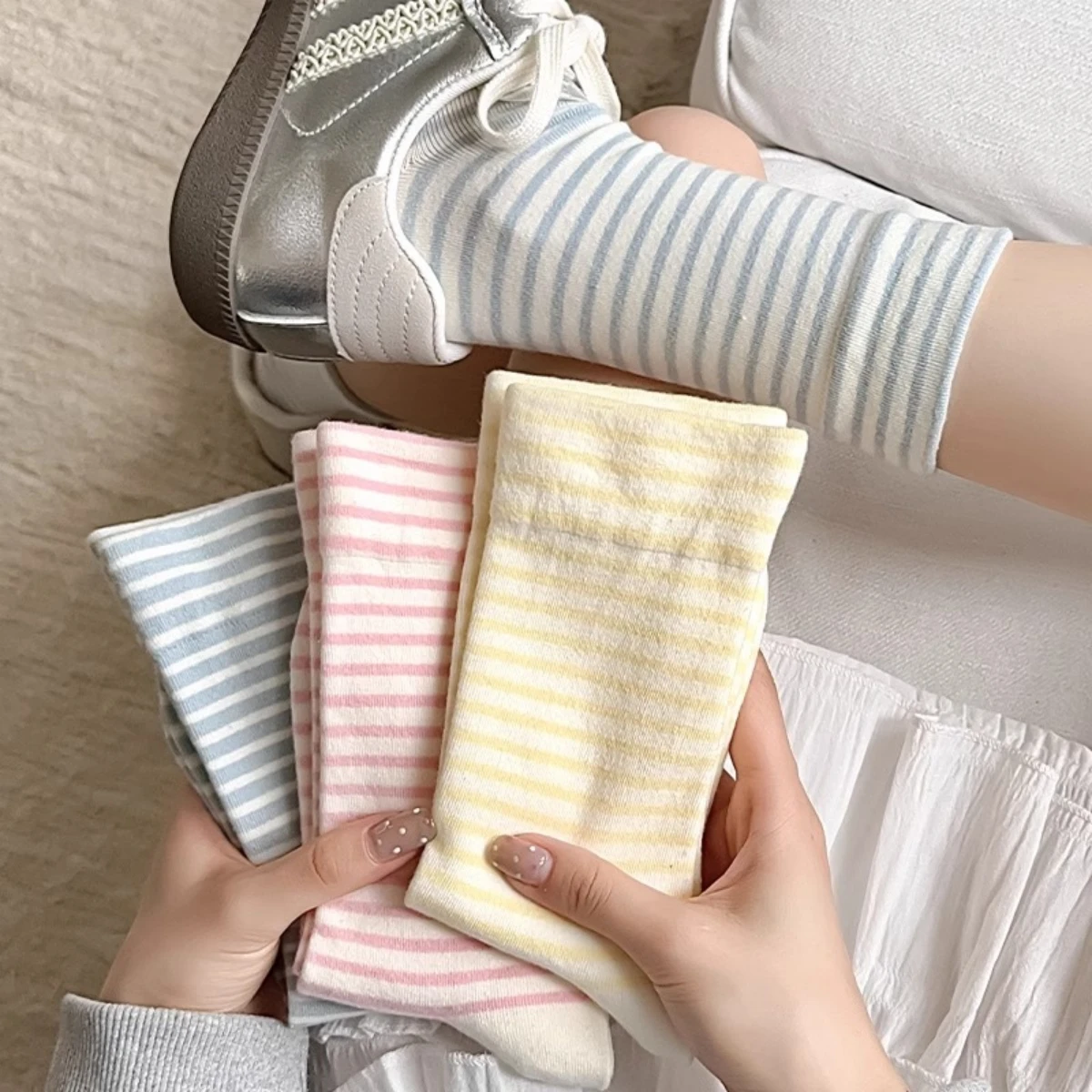 Women’s Crew Socks Spring Summer Pastel Striped Design, Soft Candy Colors, Casual Cute Style, Comfortable, Breathable