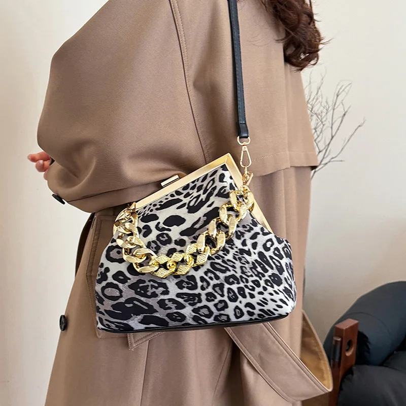 Vintage Wild Leopard Print Frame Bag Dual Straps Thick Chain Handbag Autumn Winter Trendy Personal Shoulder Crossbody Women Bag