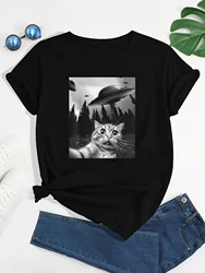 Wycięcie pod szyją t-shirt z nadrukiem Cat & UFO, casualowa koszulka z krótkim rękawem na wiosnę i lato, odzież damska