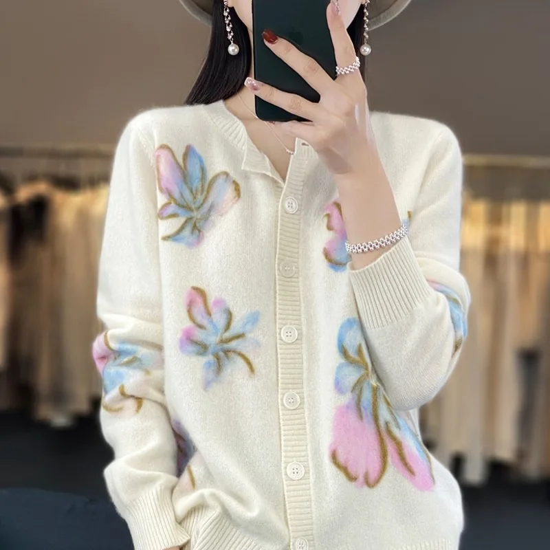 

2023 spring new 100 pure cashmere knitted cardigan women loose and thin crewneck jacquard patchwork color top coat