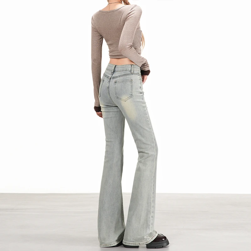 بنطلون Y2K Vintage Light Wash Flare للسيدات بقصة ضيقة من قماش الدنيم القابل للتمدد، عصري لطيف وأنيق