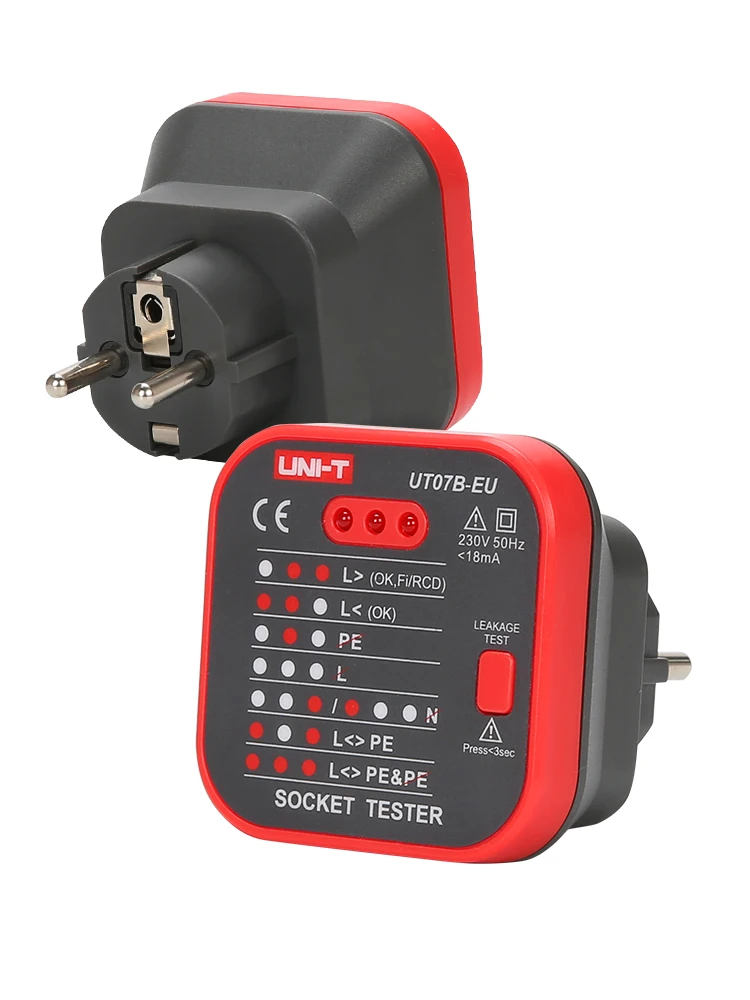 Tester gniazdek UNI-T UT07B-EU, detektor wtyczek EU, sprawdzanie uziemienia, neutrali, faz, polaryzacji, wykrywanie uszkodzeń przewodów, test RCD, test wycieku. — zdjęcie 2