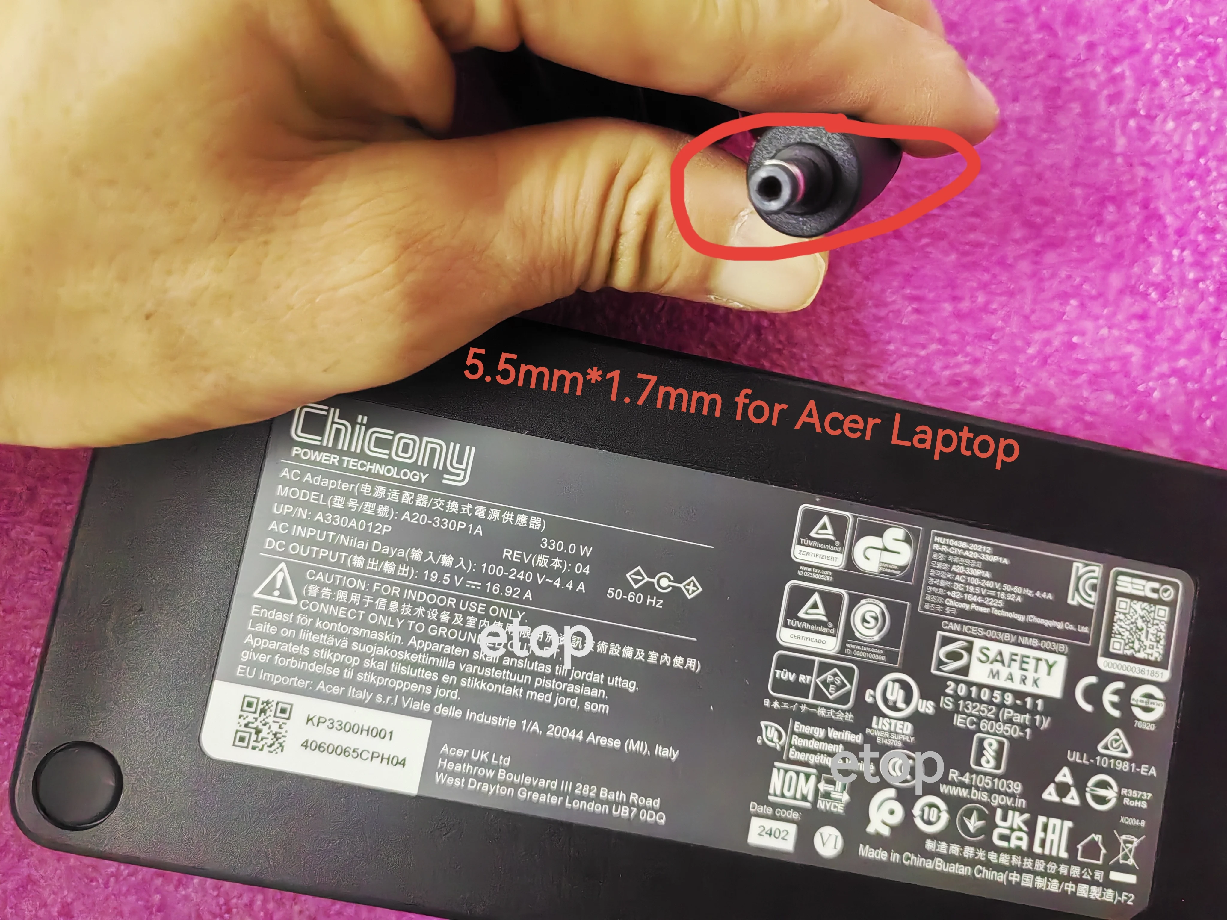 OEM Chicony 19.5V 16.92A 5.5*1.7mm 330W Adapter A20-330P1A For Acer Predator Helios Neo 18 PHN18-71-76L8 N23C13 RTX4070 Laptop