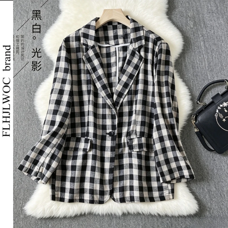 3 Colors Retro Cotton Linen Plaid Outerwear Coat Women Loose Comfortable Relaxed Fit Casual One-Button Notched Blazer Coats
