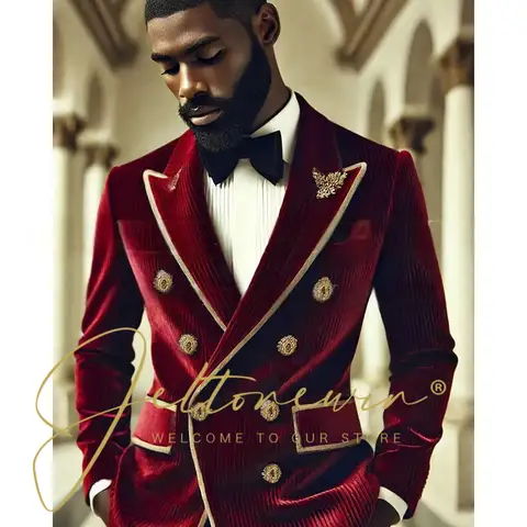 Men's Elegant Burgundy Corduroy Double Breasted Suit for Men Gold Buttons Formal Wear Tuxedo For Wedding Dinner Party 2PCS