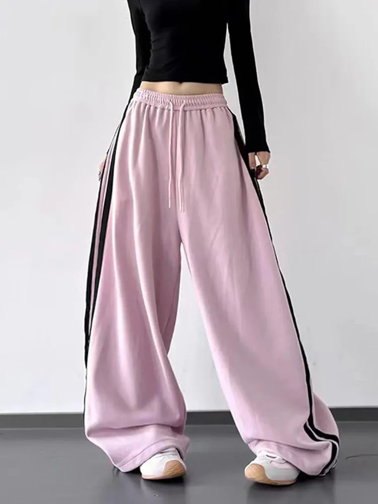 

Y2K винтажные полосатые спортивные штаны женские уличные американские хип-хоп свободные брюки ретро с высокой талией повседневные весенние брюки на шнуровке