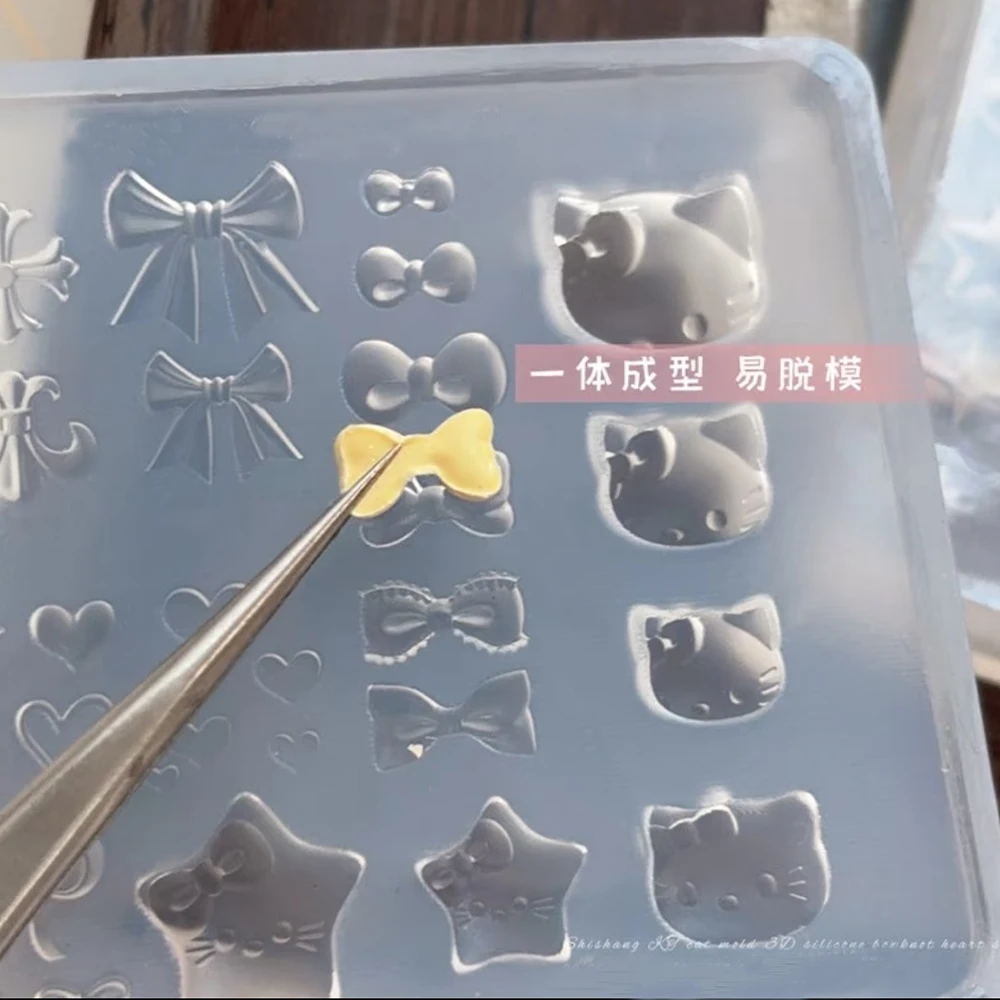 3D Kawaii Cartoon Hello Kitty Nail Carving Mold Sticker Silicone Nail Art Mold Heart Bowknot Cross Nails Stencils Decals for DIY - Image 3