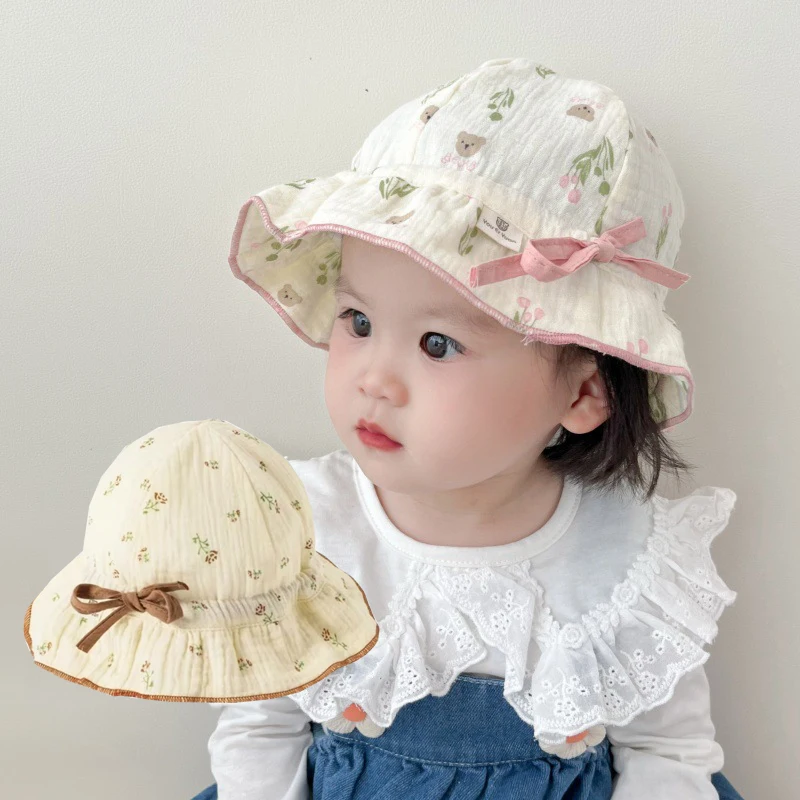

Муслиновая шляпка для девочек с бантиками, детская панамка для девочек, летняя шляпка с цветочным принтом для малышей, солнцезащитная шляпка для младенцев, аксессуары для малышей 3-24 месяца