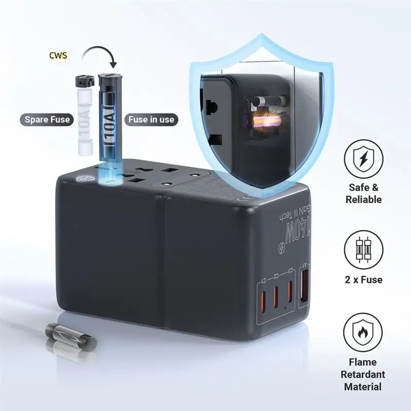Adaptateur de prise internationale 140W, adaptateur de voyage Gan3 avec prise universelle, 1 USB A 3, chargeur rapide de Type C