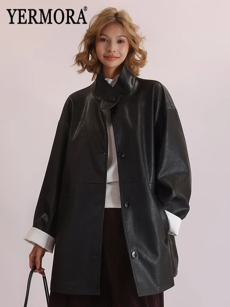 YERMORA Black Pu Leather Patchwork Cuff Casual Jacket For Women Lapel Long Sleeve Loose New Coat Fashion Tide Autumn Winter 2025