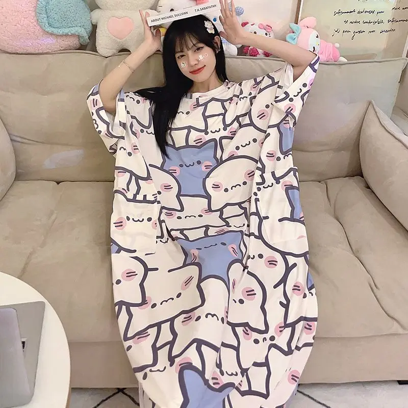 Cartoon Nightgown Summer Ladies Ice Shreds Cute Short-Sleeved Nightgown Cartoon Large Size Thin Section College Style Nightgown