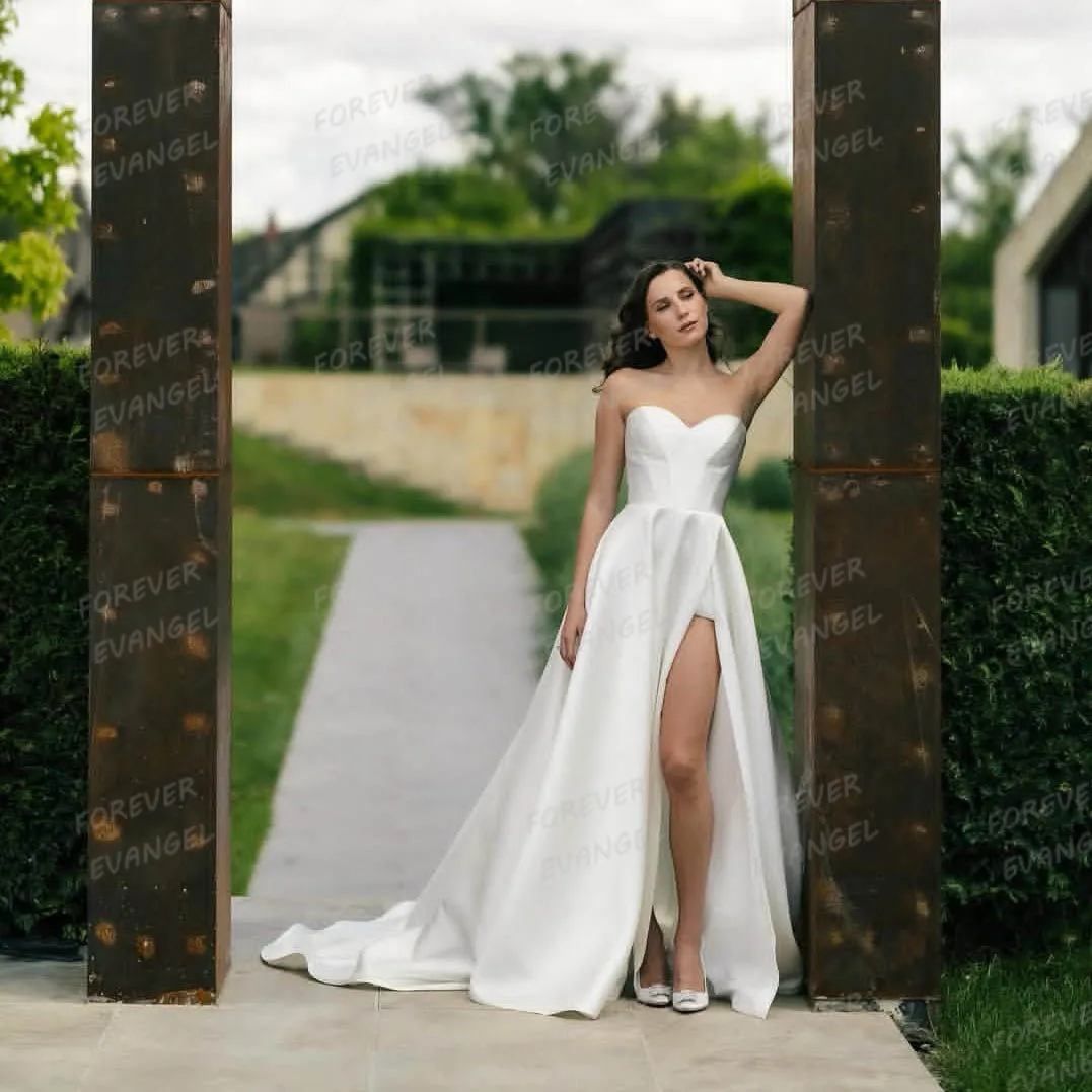 

Simple Sexy Wedding Dresses Woman A Line High Split Satin Bride Gowns Sweetheart Sleeveless Customized Party Vestidos De Novia