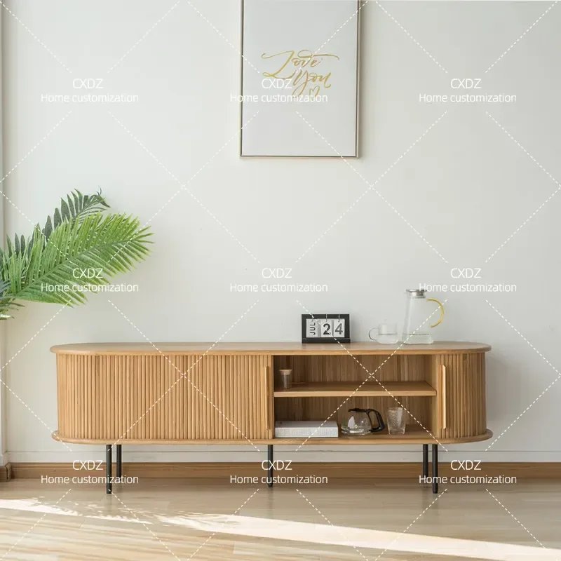 Solid Wood TV Cabinet White Oak Floor Storage Unit for Small Apartment Living Room Japanese Style Retro American Audio Visual
