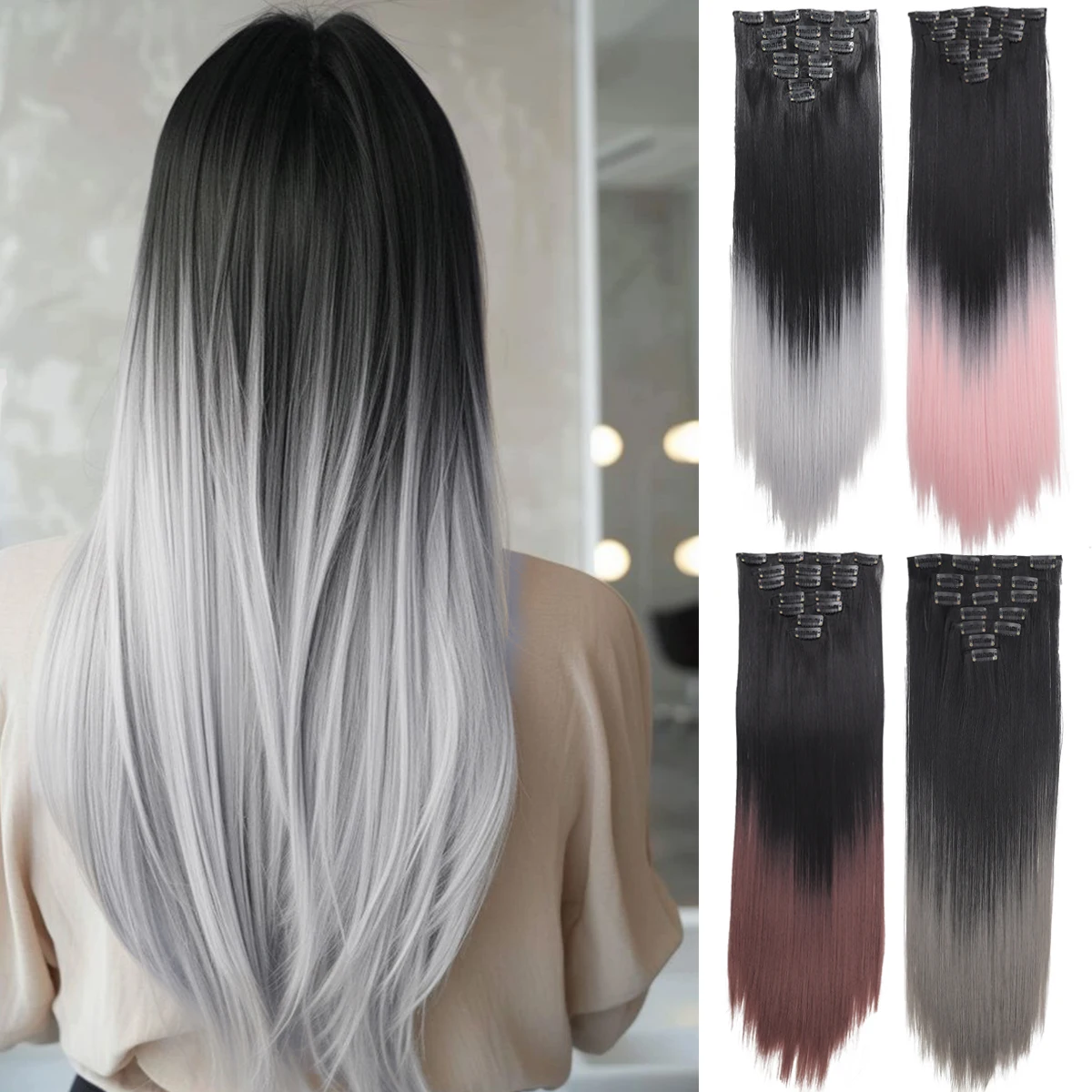 

24-inch long straight hair synthetic gradient silver-gray hair extension piece 7 pieces/set sandwiched on a woman's hair wig