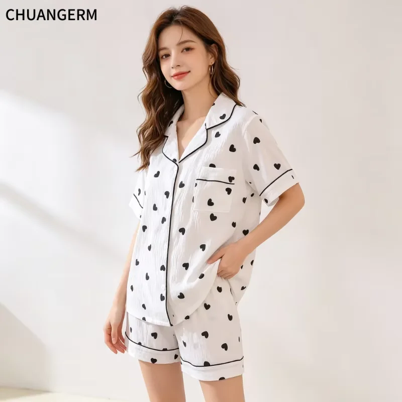 CHUANGERM Women's Sweet Cute Two-Piece Loungewear, Lightweight Summer Heart Print Short Sleeve Top & Shorts Pajama Set
