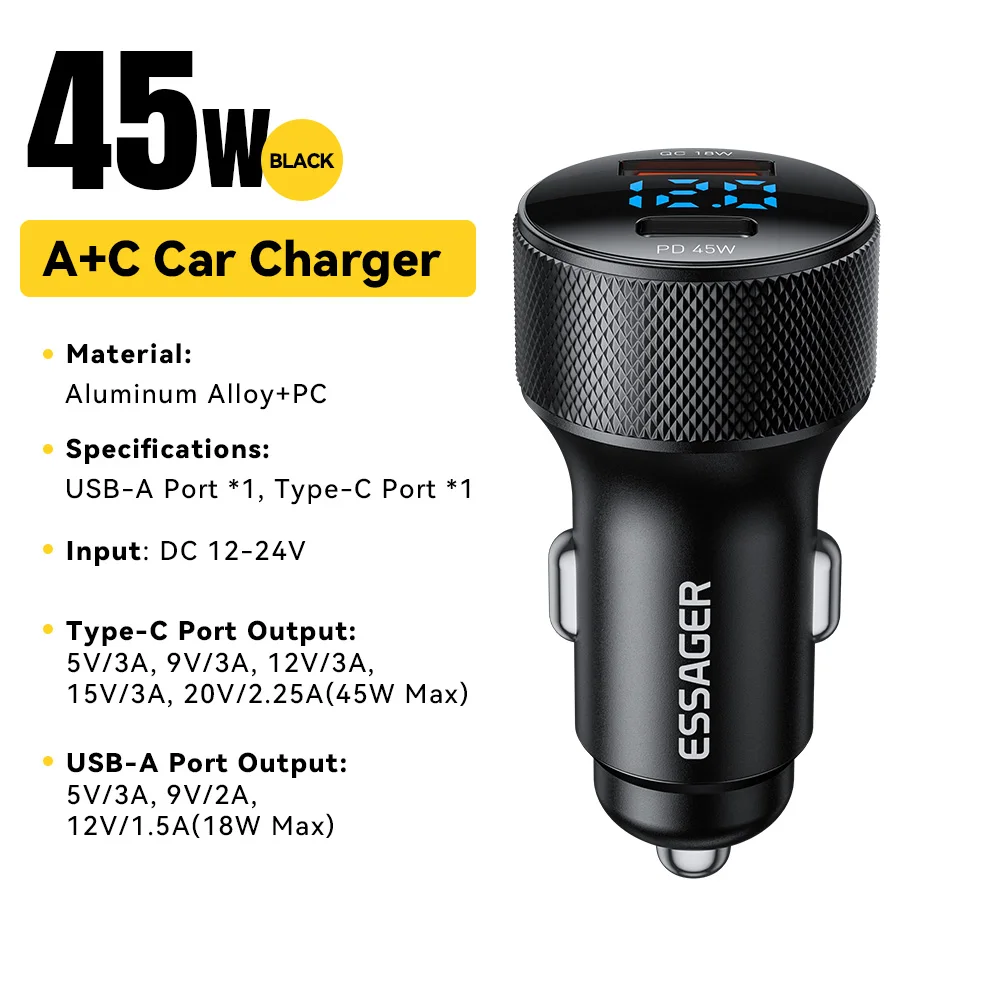Автомобильное зарядное устройство Essager USB C 45 Вт, 2 порта PD3.0 QC3.0 — фото товара