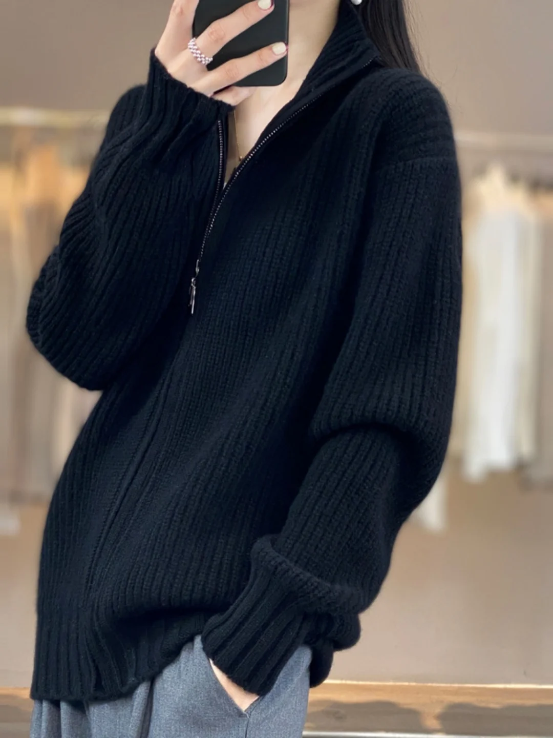 

Корейский вязаный кардиган на молнии спереди, свободного кроя, удлиненный, с воротником-стойкой, больших размеров, для женщин...