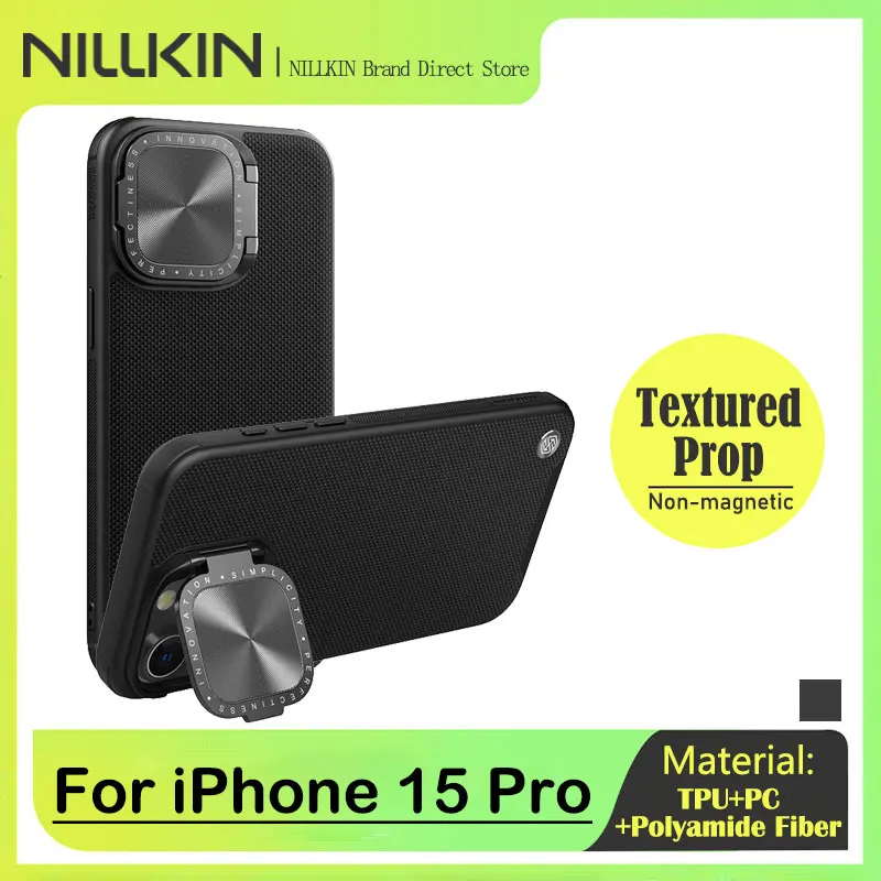 

NILLKIN Textured Nylon Fiber Case for iPhone15 Pro Lens Camera Protect Privacy holder Soft Non-Slip back Cover with Kickstand