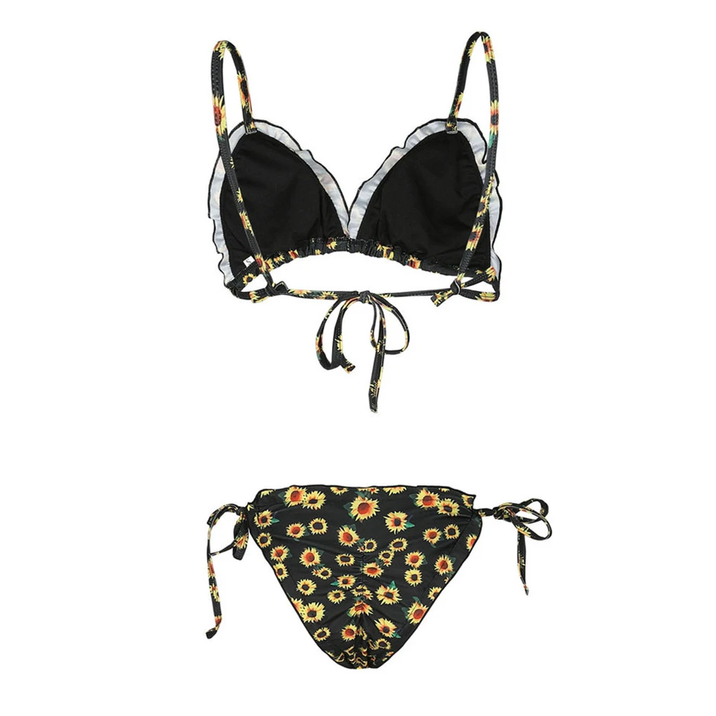 2pcs/set Women Sunflower Sexy Bikini Swimsuit Halter Bathing Suit Push-Up Padded Swimwears