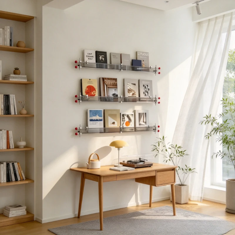 Acrylic Magazine Rack Bauhaus Designer Display Shelf Modern Wall Mounted Organizer with Linear Shaft Compact Newspaper Holder