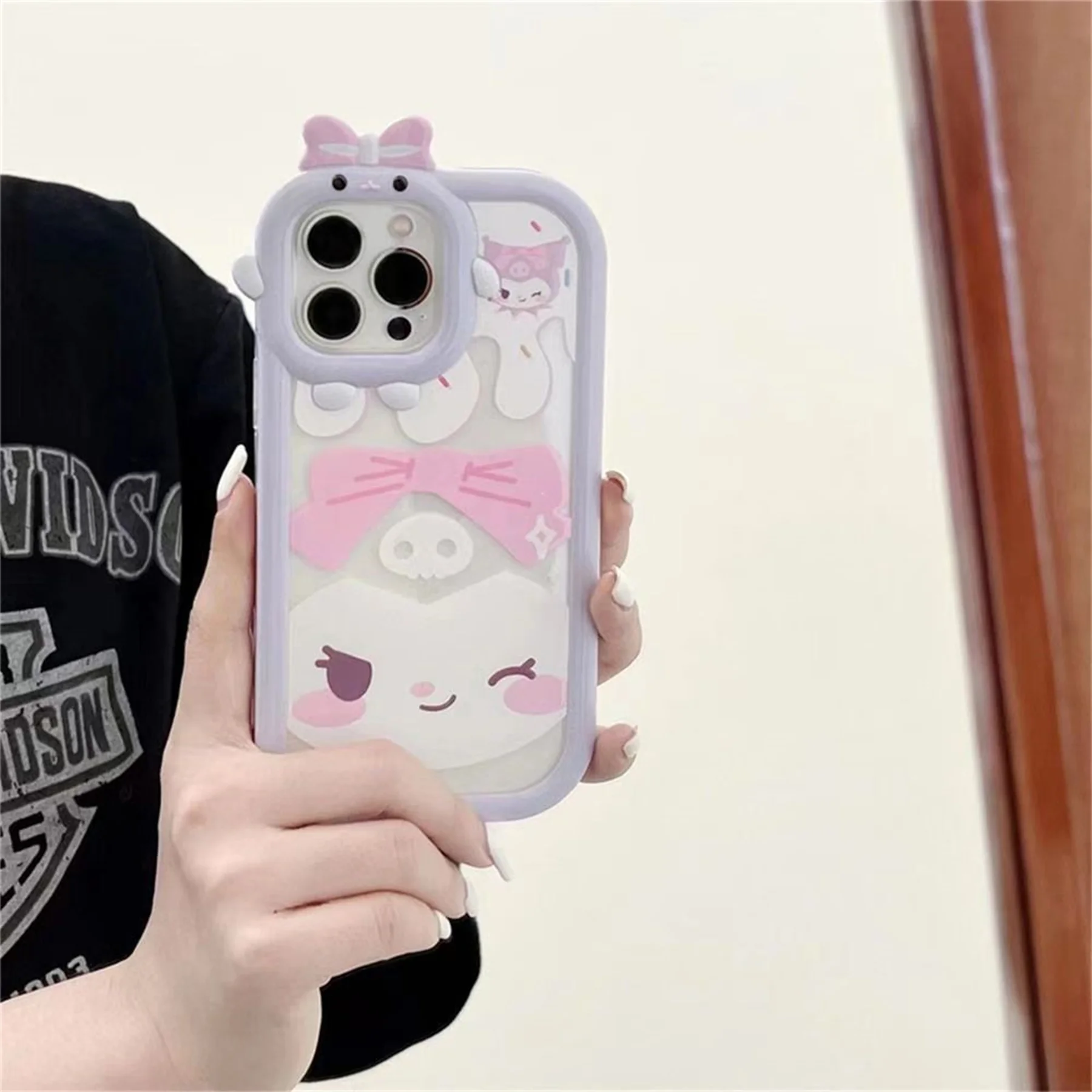 Kawaii Wink Kuromi لطيف القوس الكرتون الكتابة على الجدران مكافحة سقوط جراب هاتف آيفون 15 14 13 12 11 برو ماكس XR XS 78 زائد لينة الغطاء الخلفي