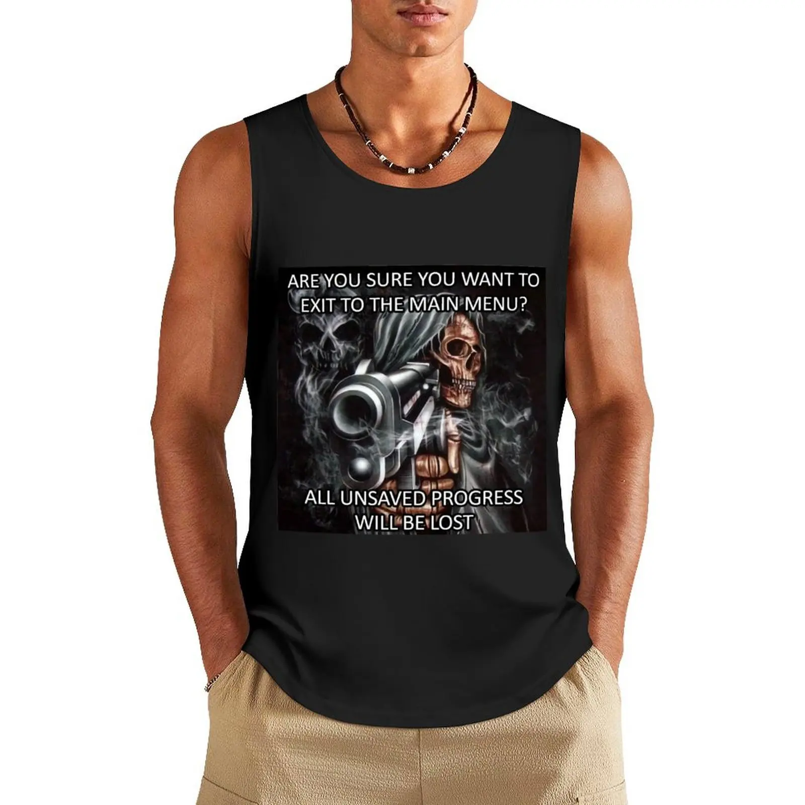 

Are you sure you want to exit to the main menu All unsaved progress will be lost awesome cool skeleton gun meme Tank Top