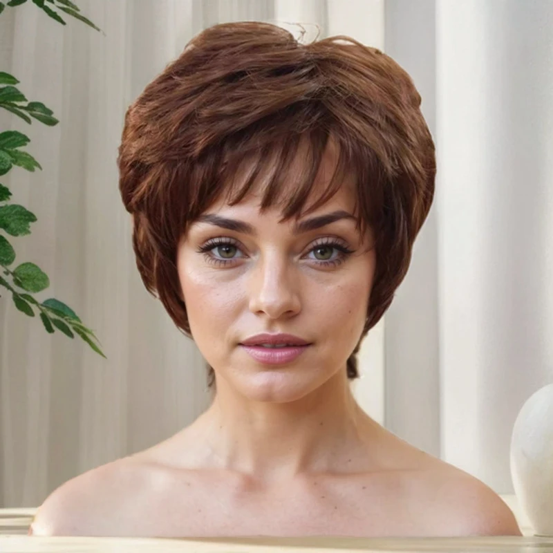 

Wig with side bangs for middle-aged and elderly women, straight , brown, realistic, fluffy, natural short hair cap