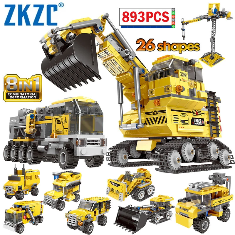 

ZKZC 8 in 1 City Engineering Giant Excavator Building Block Tower Crane Dump Truck Hang Vehicle Brick Toys Series Children Gifts