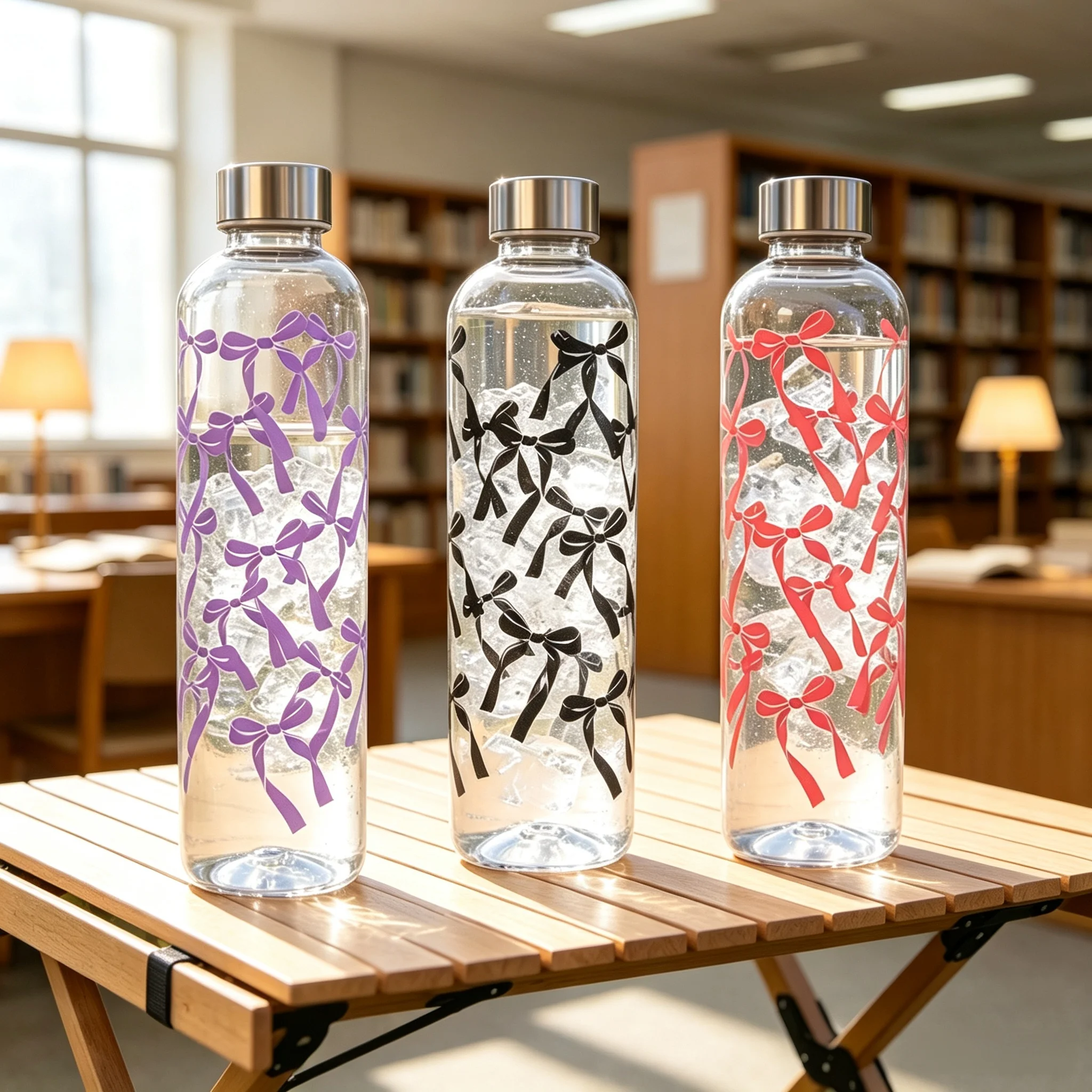 Transparent Plastic Water Bottle with Bow Print, Stainless Steel Screw Lid Reusable Water Bottle for Camping Outdoor