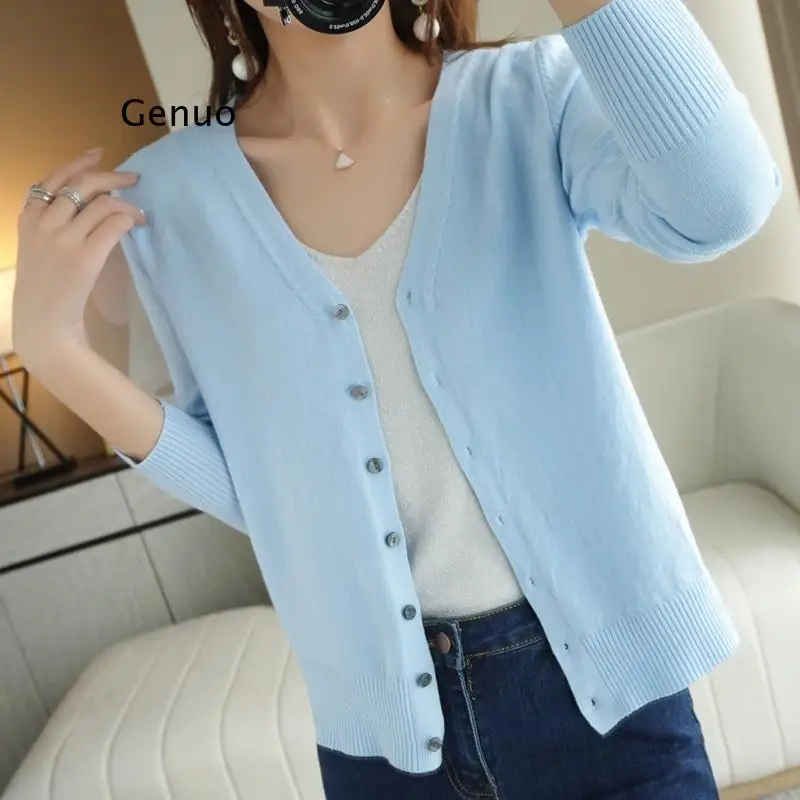 Spring Autumn New V-Neck Knitted Cardigan Women's Loose Large Size Thin Sweater All-Match Jacket Pure Color Basic Small Cardigan